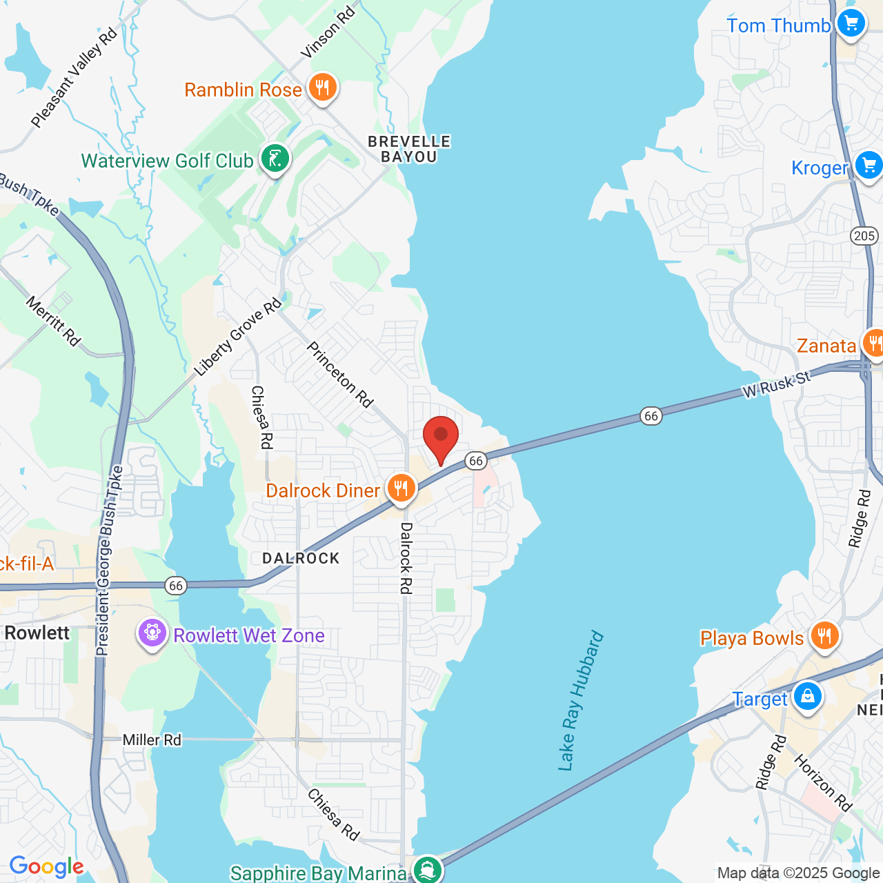 Google map image of our location in 9101 Lakeview Pkwy Rowlett, TX